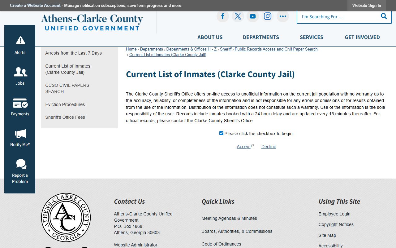 Clarke County arrest records current inmate lookup disclaimer