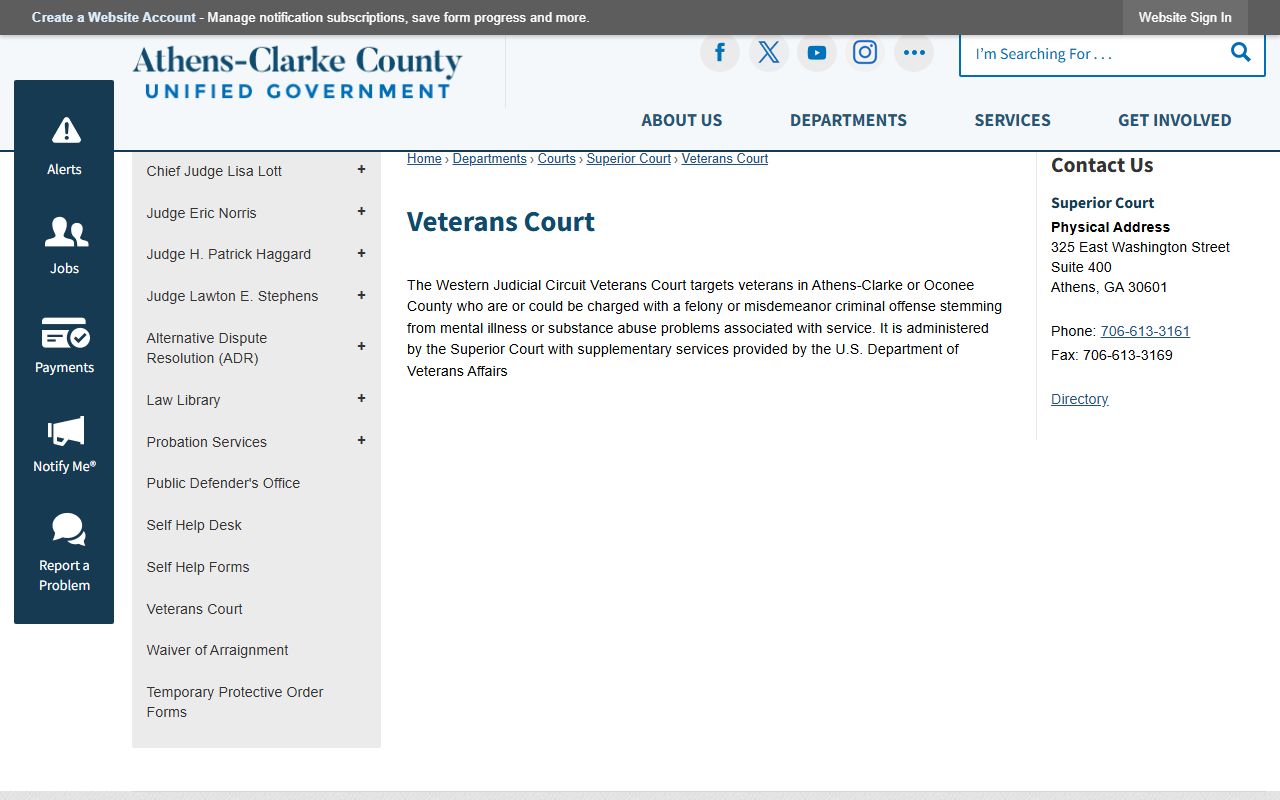 Clarke County court dockets Veterans Court page