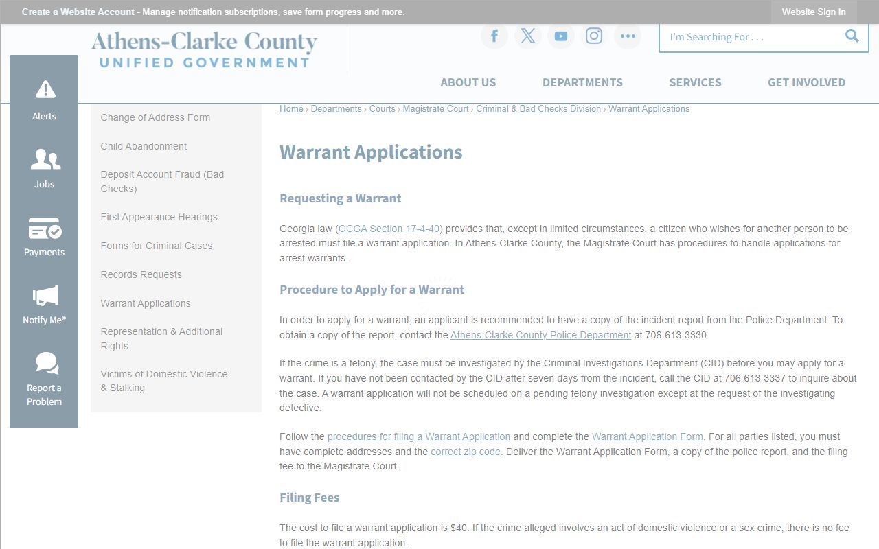 Clarke County warrant records Magistrate Court warrant application page